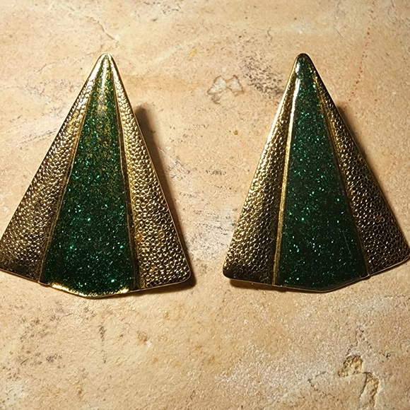Vintage 80s does 30 sparkle glitter green and gold post earrings - Picture 3 of 8